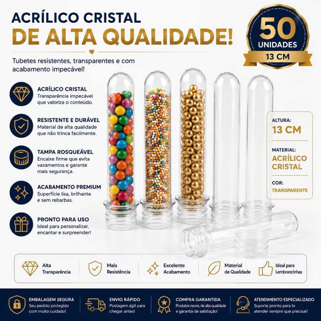 Tubete 13cm Cristal C/ Tampa Kit 50 Unidades Lembrancinha Festa