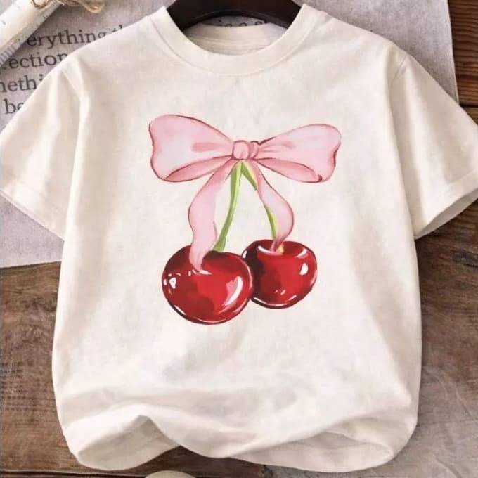 Camiseta Feminina Estampa Cherry Cerejinha Oversized Moda Feminina Casual Fashion Tendência Verão