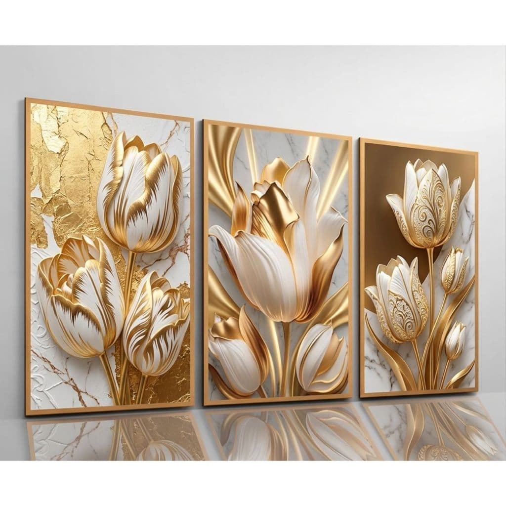 Kit de Quadros DEcorativos Floral Elegantes Tulipas Brancas e Douradas Sofisticada Quarto Sala