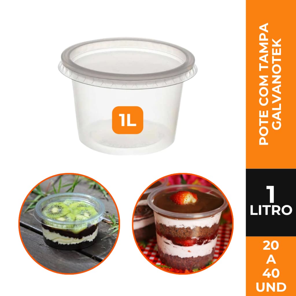 Kit Pote Redondo 1L Com Tampa Galvanotek Para Delivery Armazenamento de Alimentos