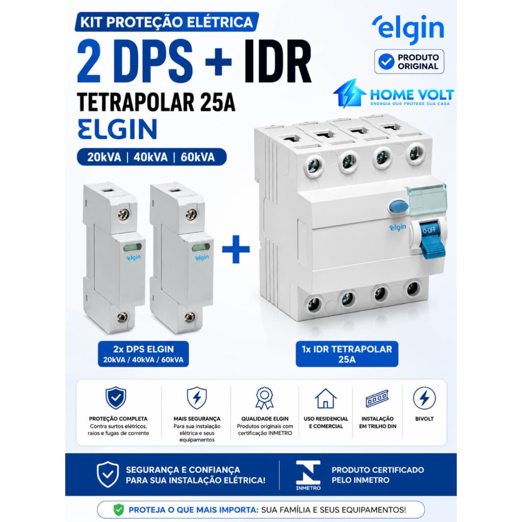 Kit 2 DPS Elgin 20kA 40kA 60kA + IDR Tetrapolar 25A Proteção Elétrica Bivolt INMETRO original Novo
