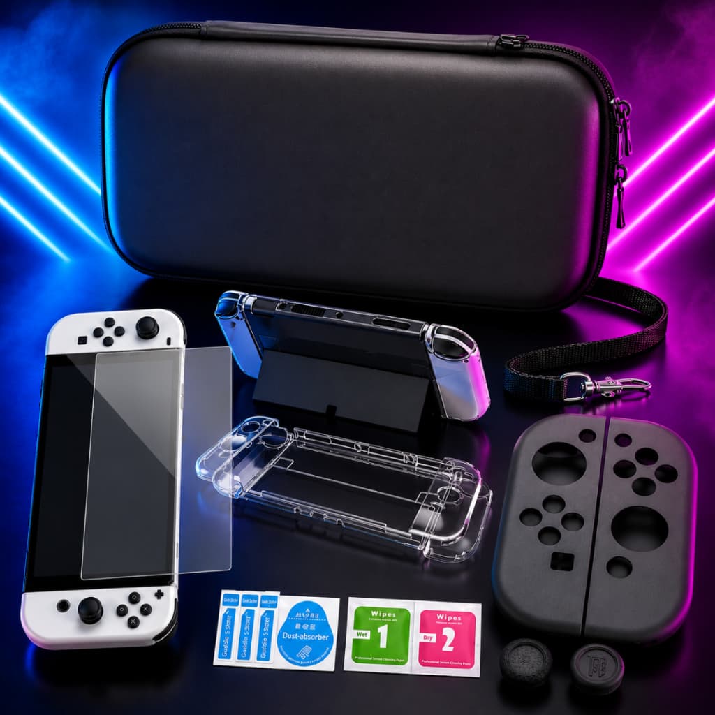 Kit Case Com Película E Grips Para Nintendo Switch Oled Capa