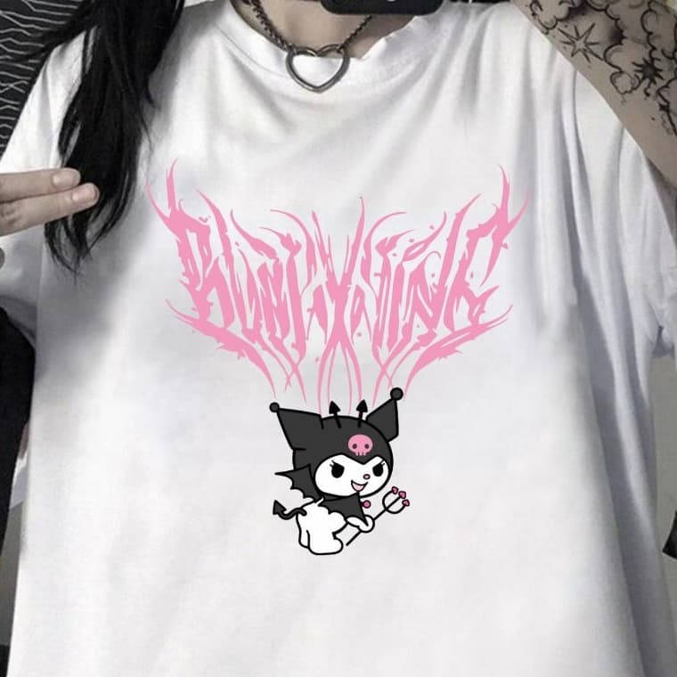 Camiseta Moda Feminina Cartoon Melody Kuromi Fofo 100% Algodão Sem Capuz