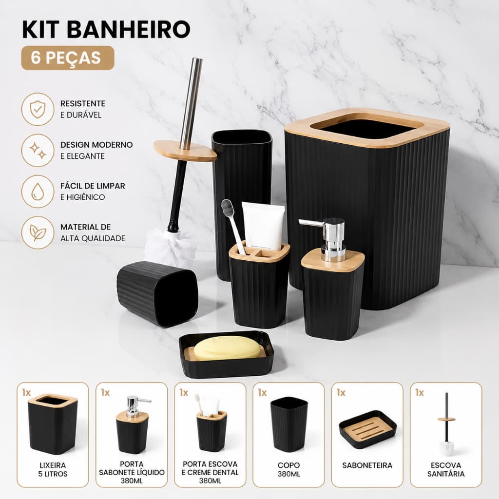 Kit de 6 peças para Banheiro Completo Luxo Lixeira, Porta Escova, Sabonete, Tampa Bambu Decorativa