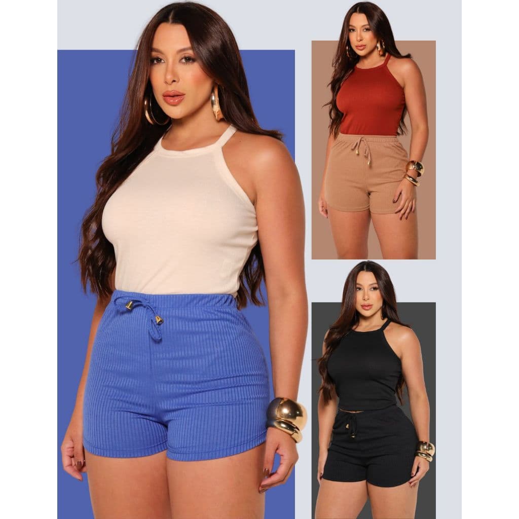 Shorts Feminino Canelado Curto Cintura Alta Cordão Básico