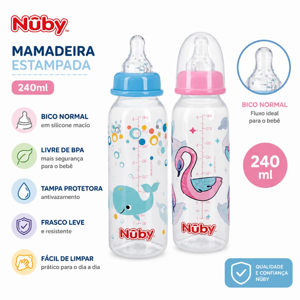 Mamadeira Nûby Estampada 240ml Bico Normal