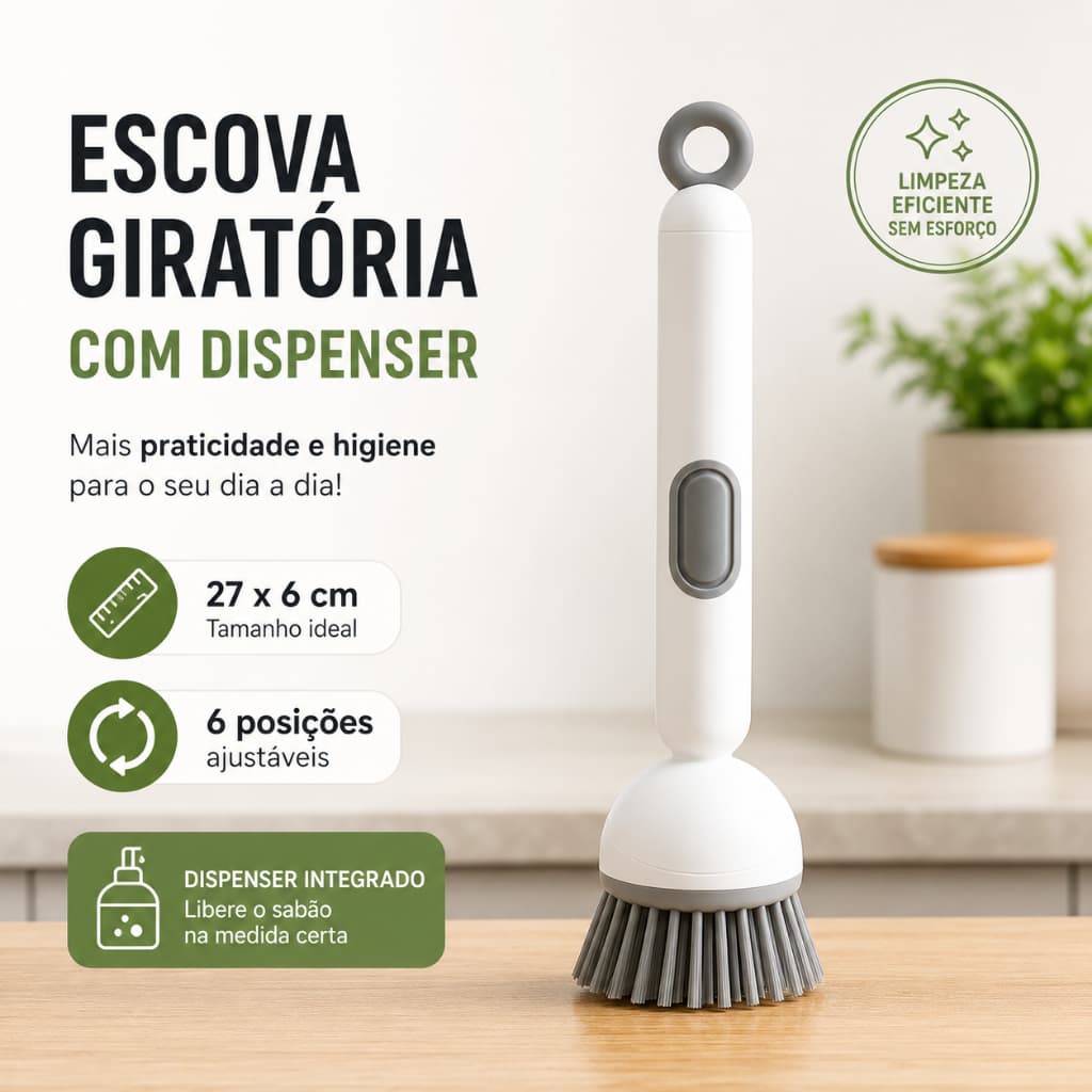 Escova de Limpeza Cozinha com Dispenser de Sabão Cabo Longo 360° Lava Louça Não Risca