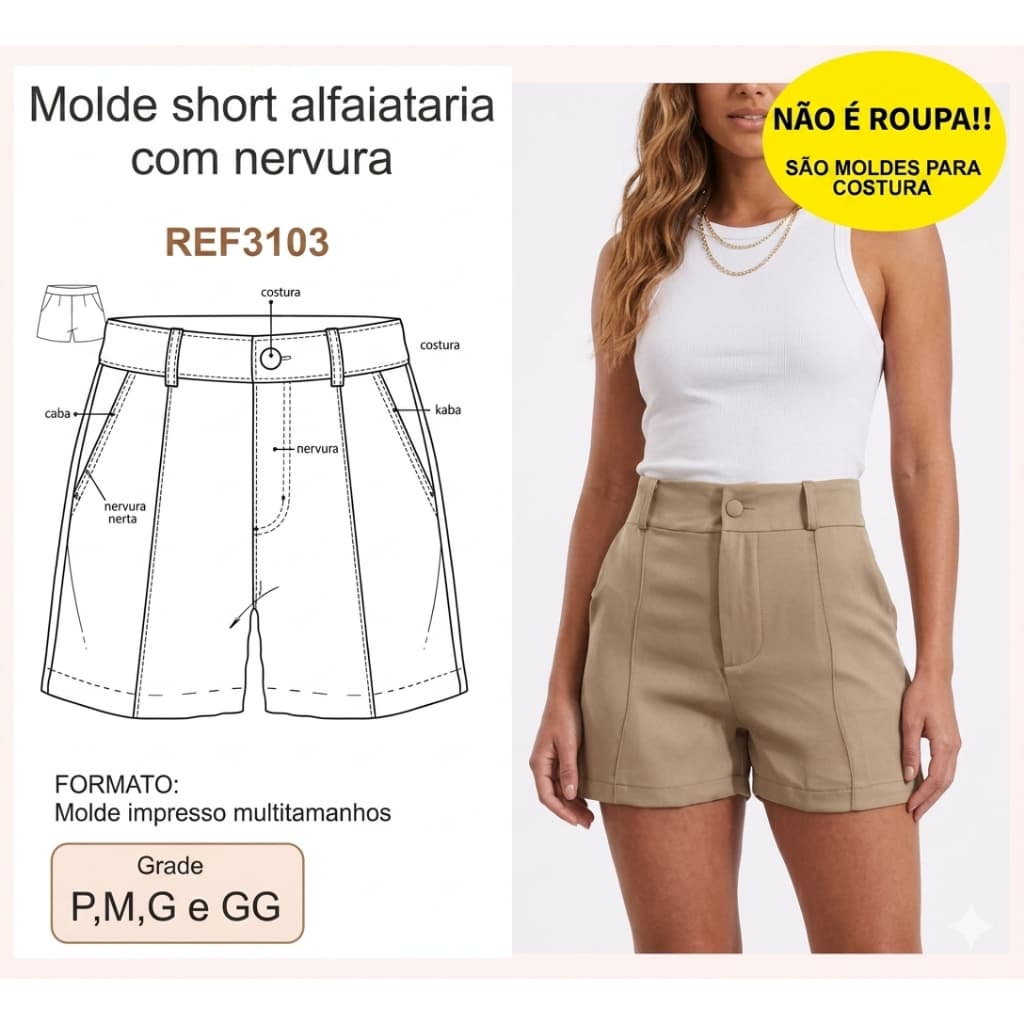 REF3103 GRADE SHORT ALFAIATARIA COM NERVURA MULTITAMANHOS 38,40,42,44