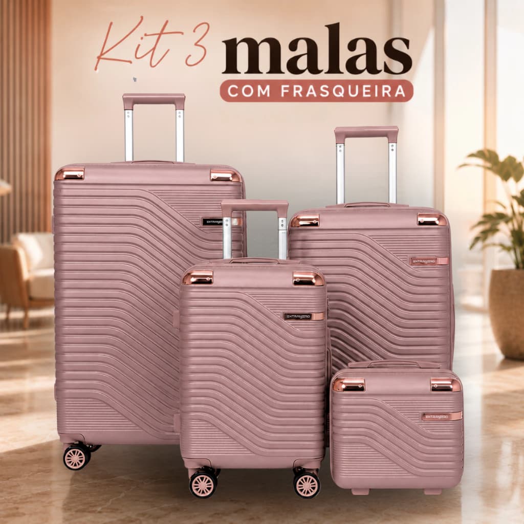 Kit 3 Malas Viagem Com Frasqueira | P/M/G Polipropileno Rodas 360° Removíveis e Zíper Expansível