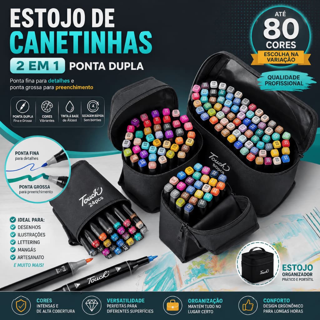 Canetas Marcadoras Ponta Dupla Touch 120 Cores com Estojo Profissional para Desenho e Pintura - CH