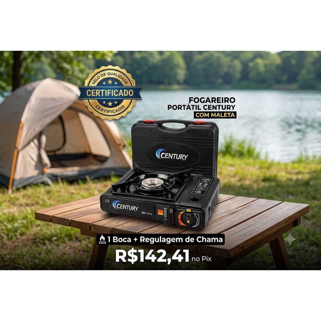 Fogareiro A Gás Portátil Century Com Maleta Mesa Camping Pesca Viagem Leve Acompanhamento Ideal