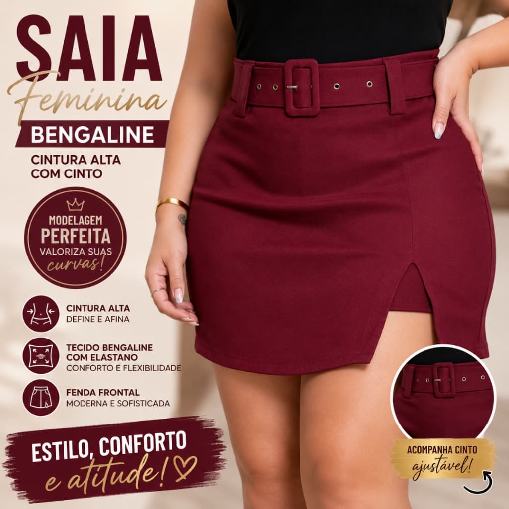 Saia Feminina Bengaline Cintura Alta Com Cinto Modeladora Elegante