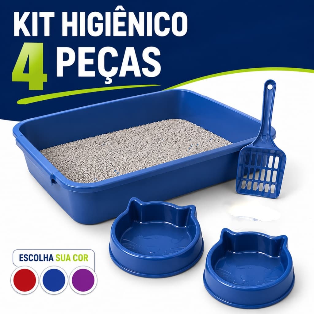 Kit Higiênico com Caixa de Areia para Gatos com Pá + Comedouro e Bebedouro