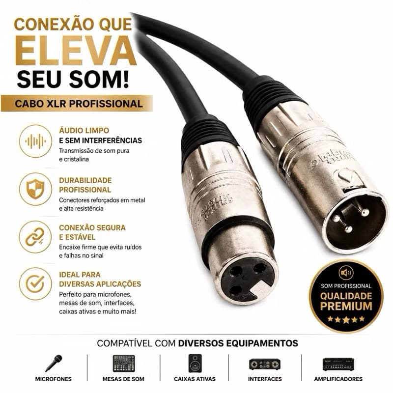 Cabo XLR Macho para XLR Fêmea – Áudio Estéreo Profissional