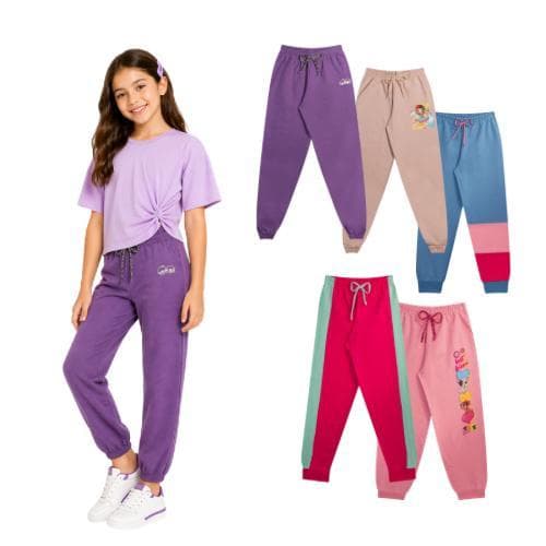Kit 5 Calças Moletom Infantil Feminina Estilosa Premium Punho Meia Estação 1 ao 8 Anos