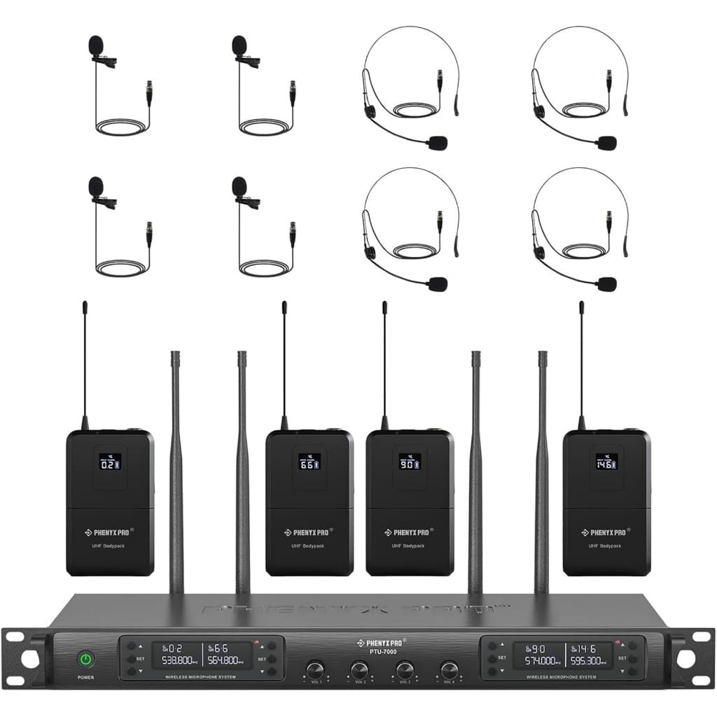 Sistema de microfone sem fio Phenyx Pro PTU-7000-4B conjunto de quatro canais com 4 bodypacks