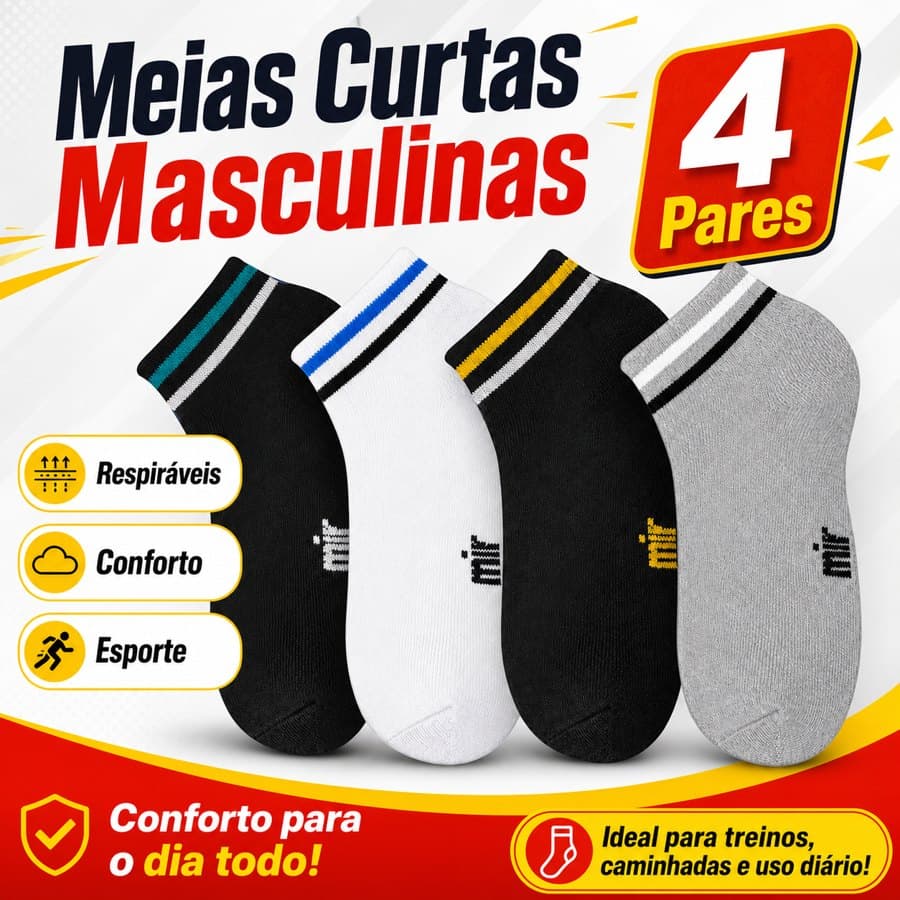 Kit 4 Pares Meias Masculinas Cano Curto Anti-Odor Absorve Suor 41-47, Presente Surpresa para Homens