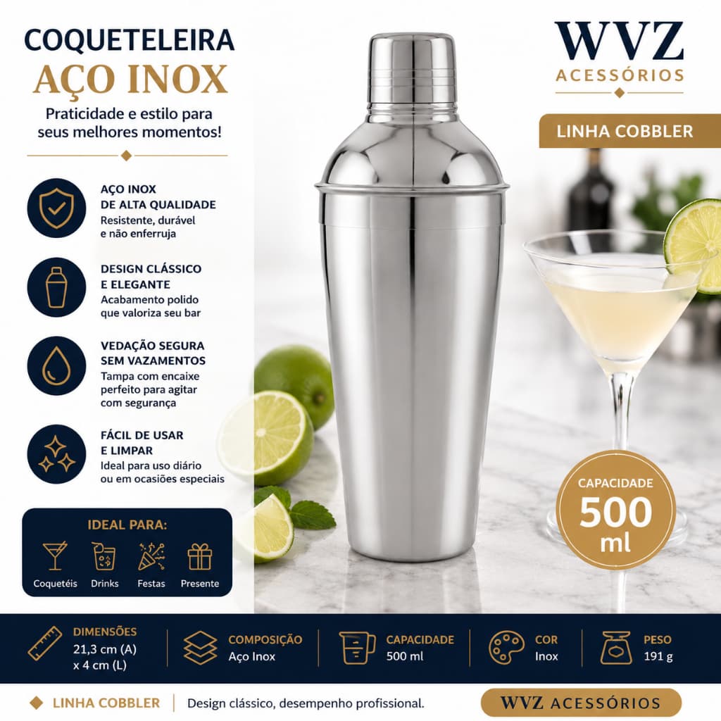 Coqueteleira Inox 500ml Cobbler Aço Inoxidável Bartender Drinks Bar Profissional