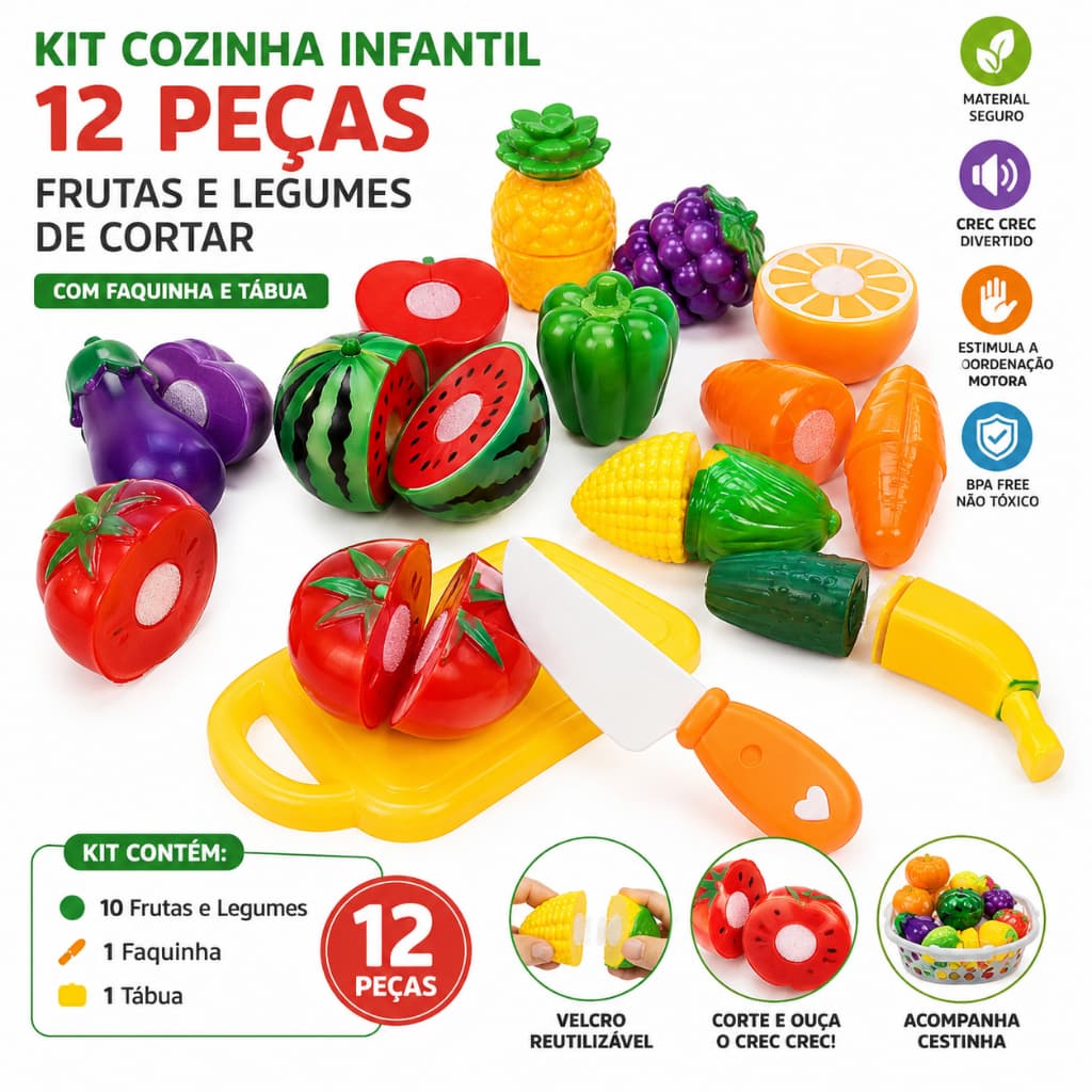 Kit Cozinha Infantil 12 Peças Frutas e Legumes de Cortar com Velcro + Faquinha e Tábua | Brinquedo Educativo