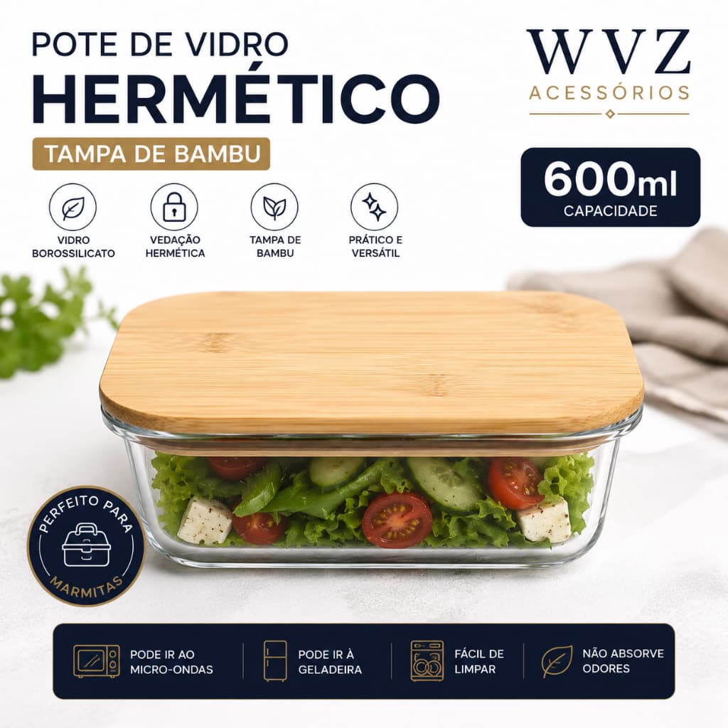 Pote de Vidro Hermético Retangular 600ml Tampa de Bambu Organizador de Alimentos Borossilicato