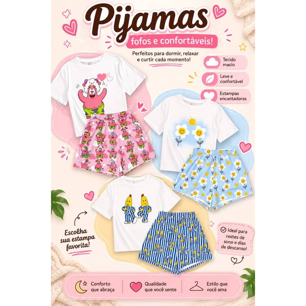 Pijama Feminino Adulto Baby Doll Manga Personagens Diversos Macio e Confortável