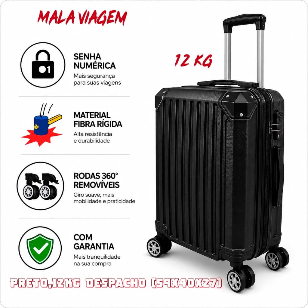 Mala de Viagem Bordo 12kg Fibra Rígida Rodas 360° Removíveis Senha Numérica Despacho (59x40x27)
