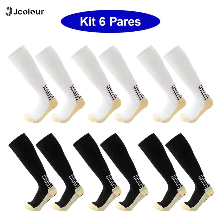 Kit 6 Pares Meias de Futebol Cano Longo Antiderrapantes Jcolour Unissex Masculino e Feminino, Tecido Respirável Anti-Suo