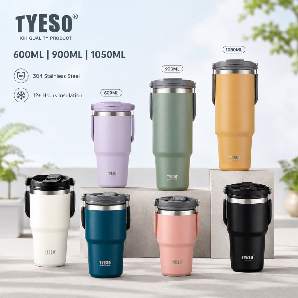 NOVO LANÇAMENTO TYESO Garrafa Térmica Inox 1050ml – Tampa Flip, Alça Portátil, Mantém Bebidas Quentes/Frio