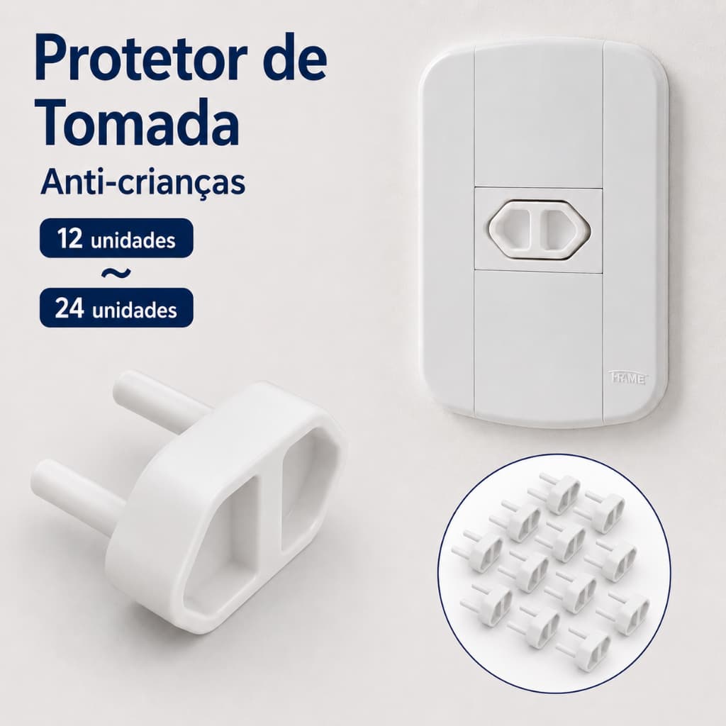 Protetor de Tomada Anti Crianças ABNT NBR 14136 Branco/Preto Kit 12 ou 24 Unidades Segurança Infantil