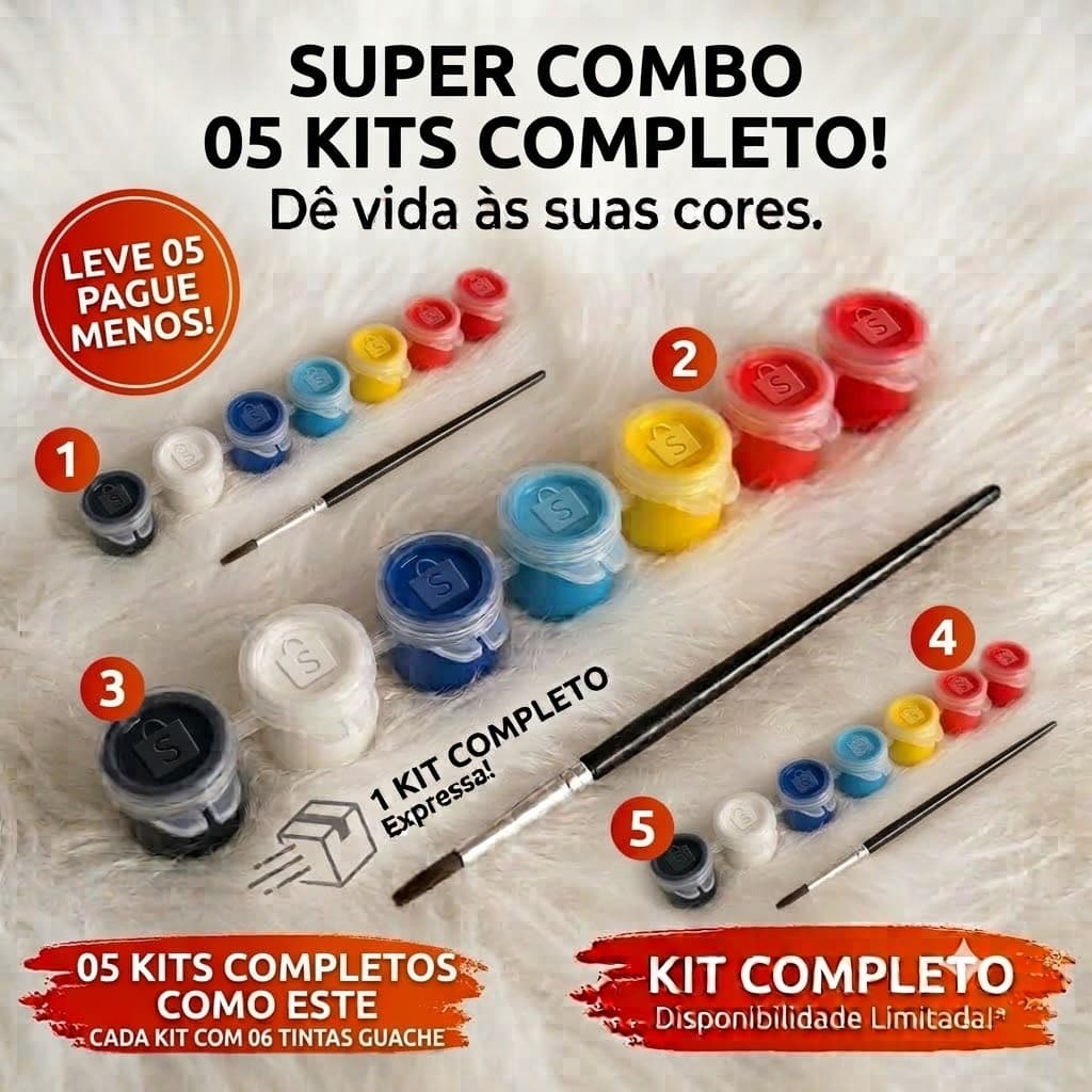 KIT 5 TINTA GUACHE INFANTIL COM PINCEL TINTAS POSTER E ARTES 3ML