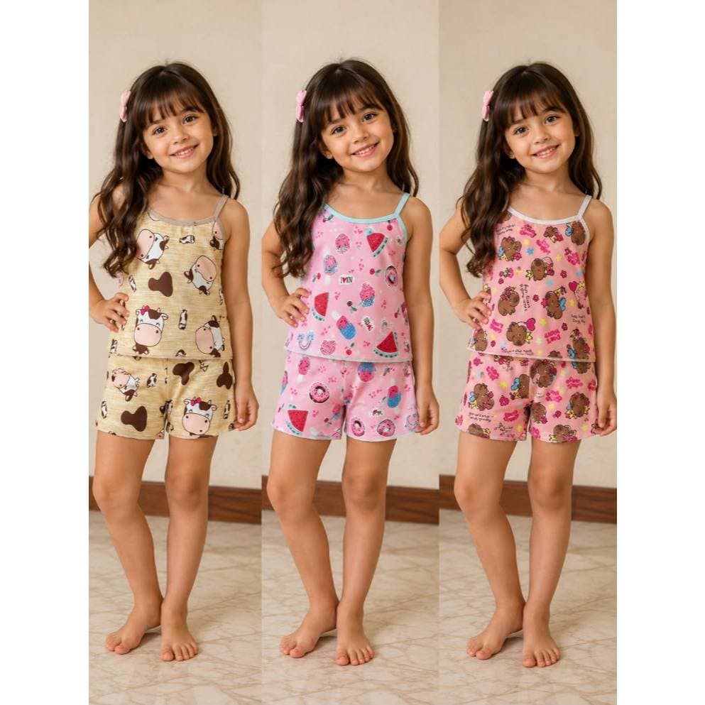 Short Doll Infantil Feminino Pijama de Verão em Malha Estampado Confortável Menina