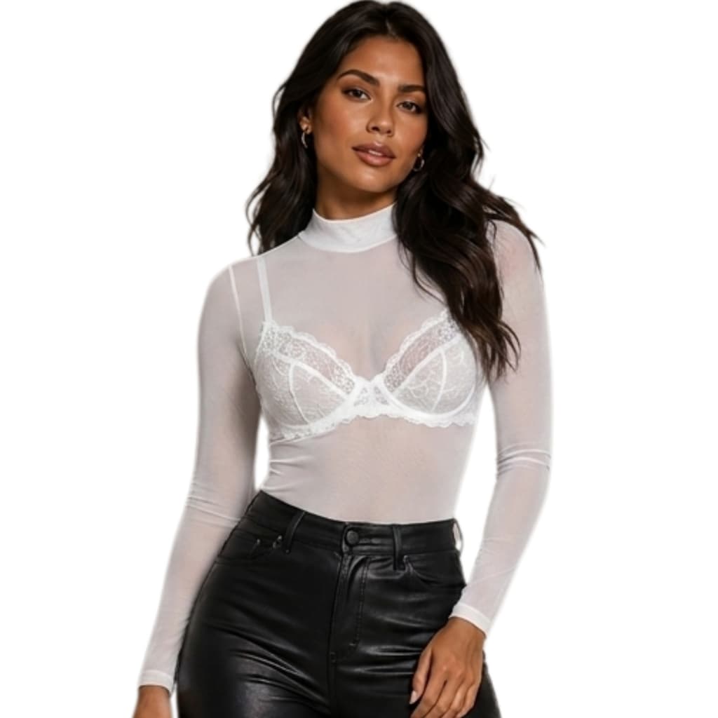 Blusa Gola alta Feminina Tule manga longa Transparência Segunda pele fashion