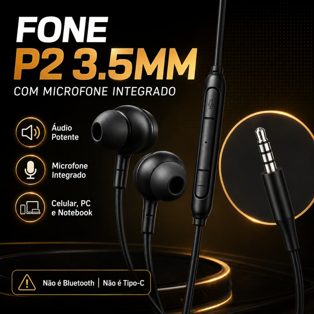 Fone de Ouvido P2 3.5mm com Microfone Som Potente para Celular PC Notebook