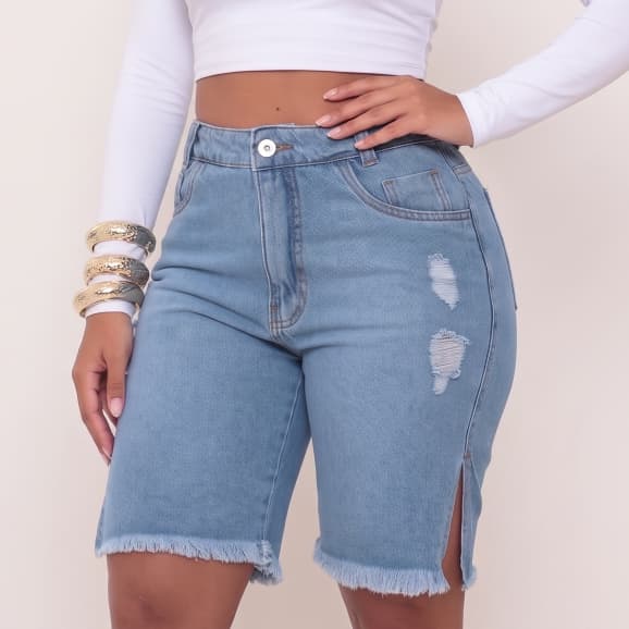 BERMUDA JORTS JEANS FEMININO COM RASGO ABERTURA LATERAL