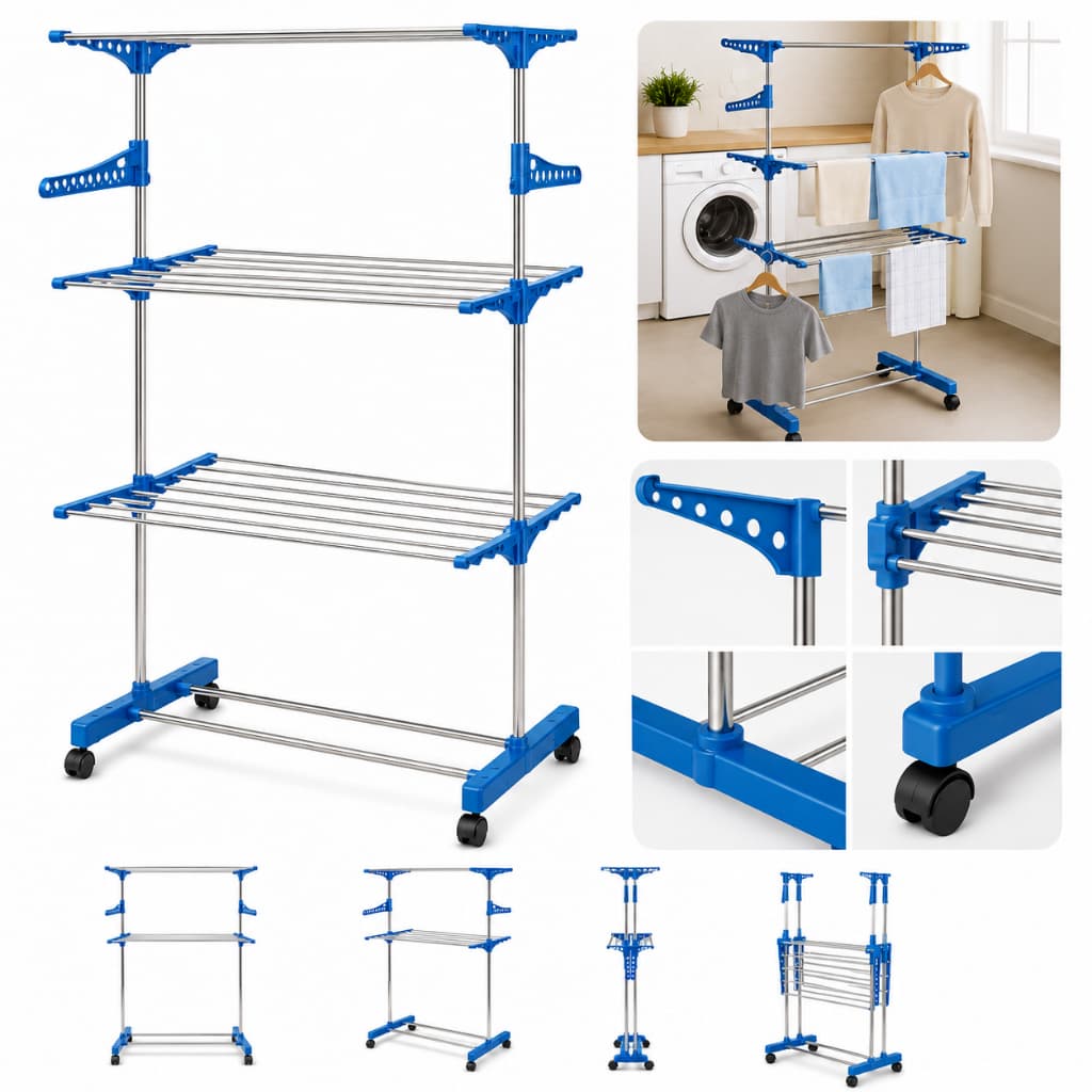 Varal de Secar Roupa Torre 3 Andares Retrátil Dobrável Vertical Inox Compacto com Rodinhas