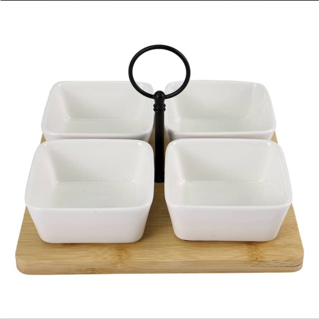 Petisqueira Madeira Com 4 potes de porcelana  Mesa Posta Cozinha Jantar
