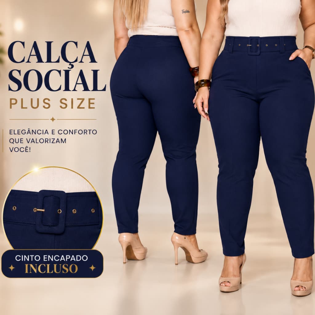 Calça Feminina Plus Size Bengaline com Cinto Fivela Cintura Alta Social Modeladora Premium