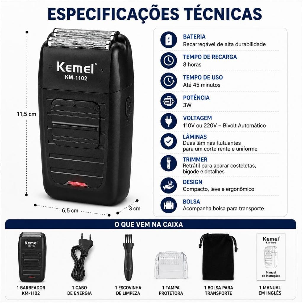 Barbeador Elétrico Recarregável Duas Lâminas Trimmer Aparador Bivolt Sem Fio Para Barba e Acabamento Facial top