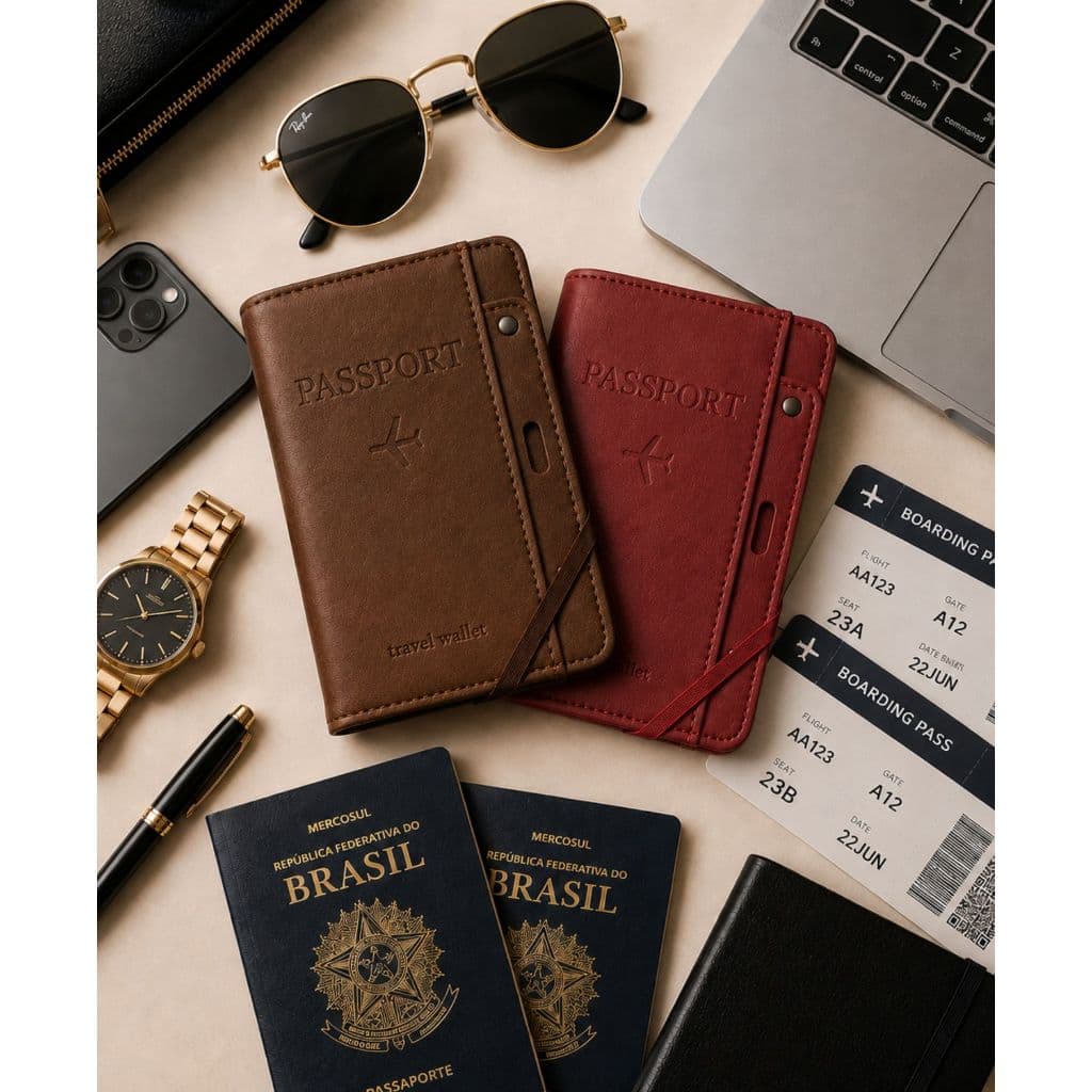 Porta-Passaporte Carteira de Viagem com Porta-Cartões e Compartimentos Organizador de Documentos