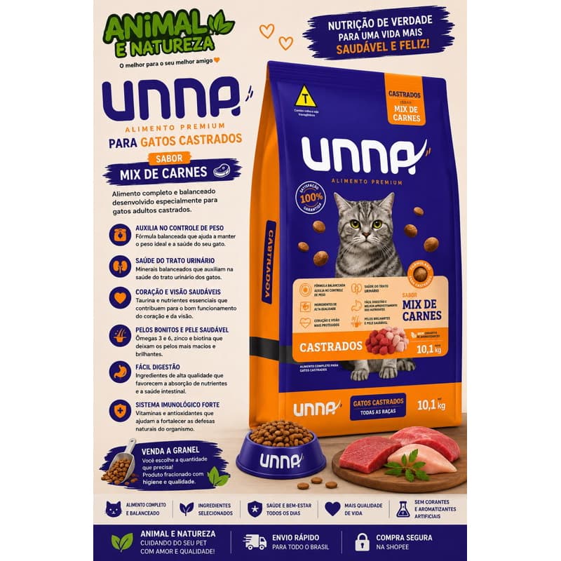 Ração Unna Gato Castrado Mix a Granel | Alimento Completo para Gatos Adultos Castrados