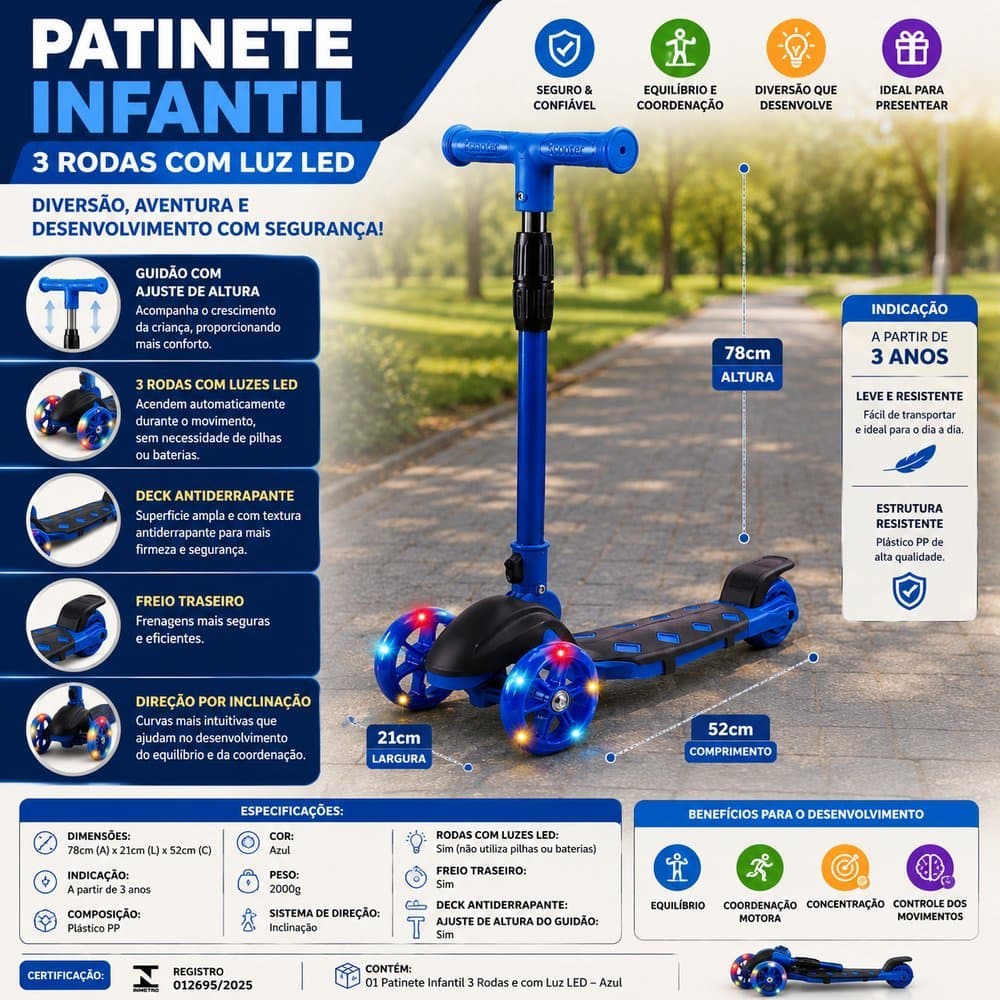 Patinete Infantil 3 Rodas e com Luz LED Várias Cores
