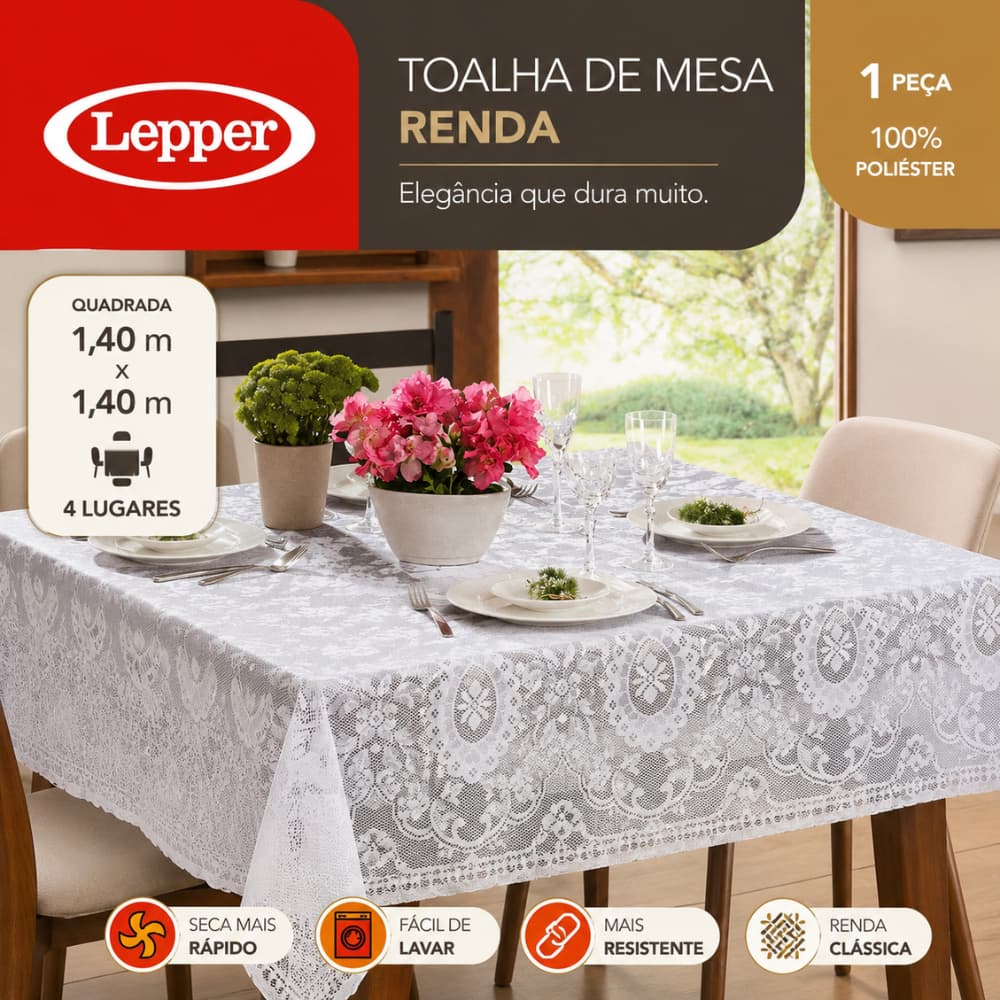 Toalha de Mesa Rendada Lepper Quadrada 1,40x1,40m Elegante Branca