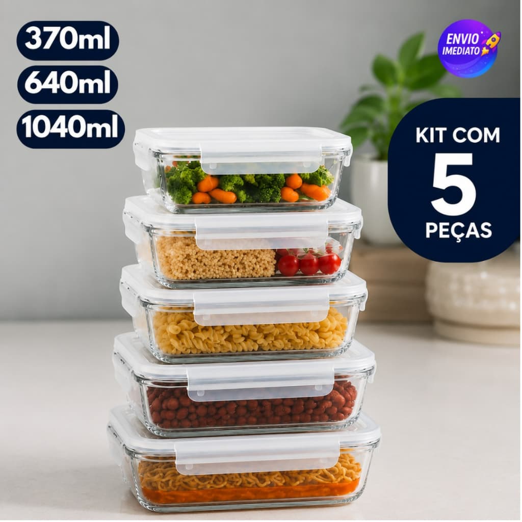 Kit 5 Potes Herméticos de Vidro com Tampa e 4 Travas Alta Resistência 370ml 640ml 1040ml