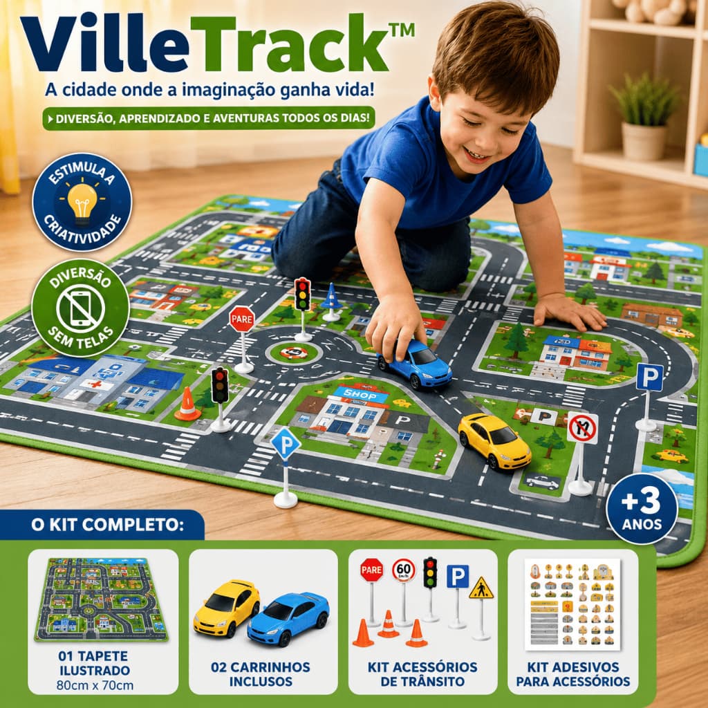Conjunto Carrinho Compacto Tapete Antiderrapante Pista de Carrinhos 80x70cm 2 Carrinhos e Acessórios