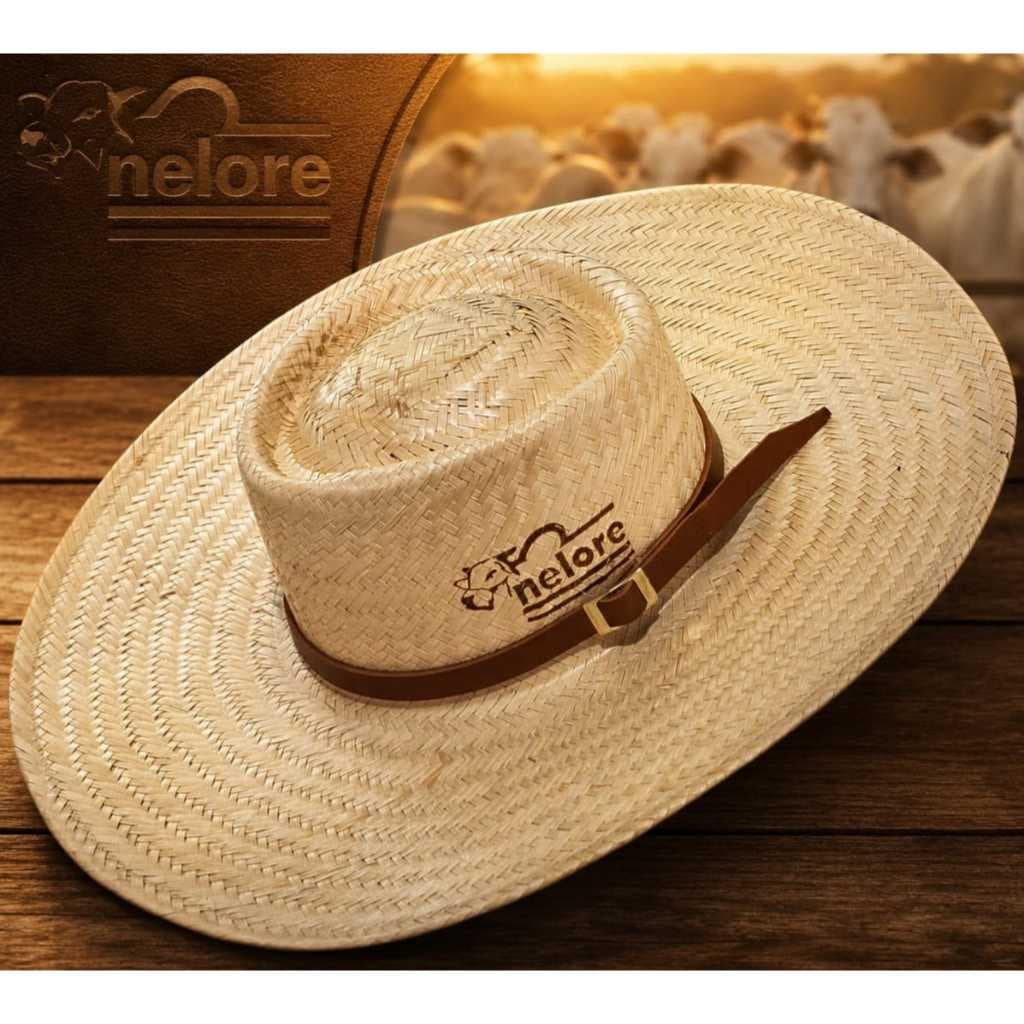 Chápeu De Palha Dupla Carimbo Nelore/Mangalarga Carandá Panamá Banda Couro Aba 12