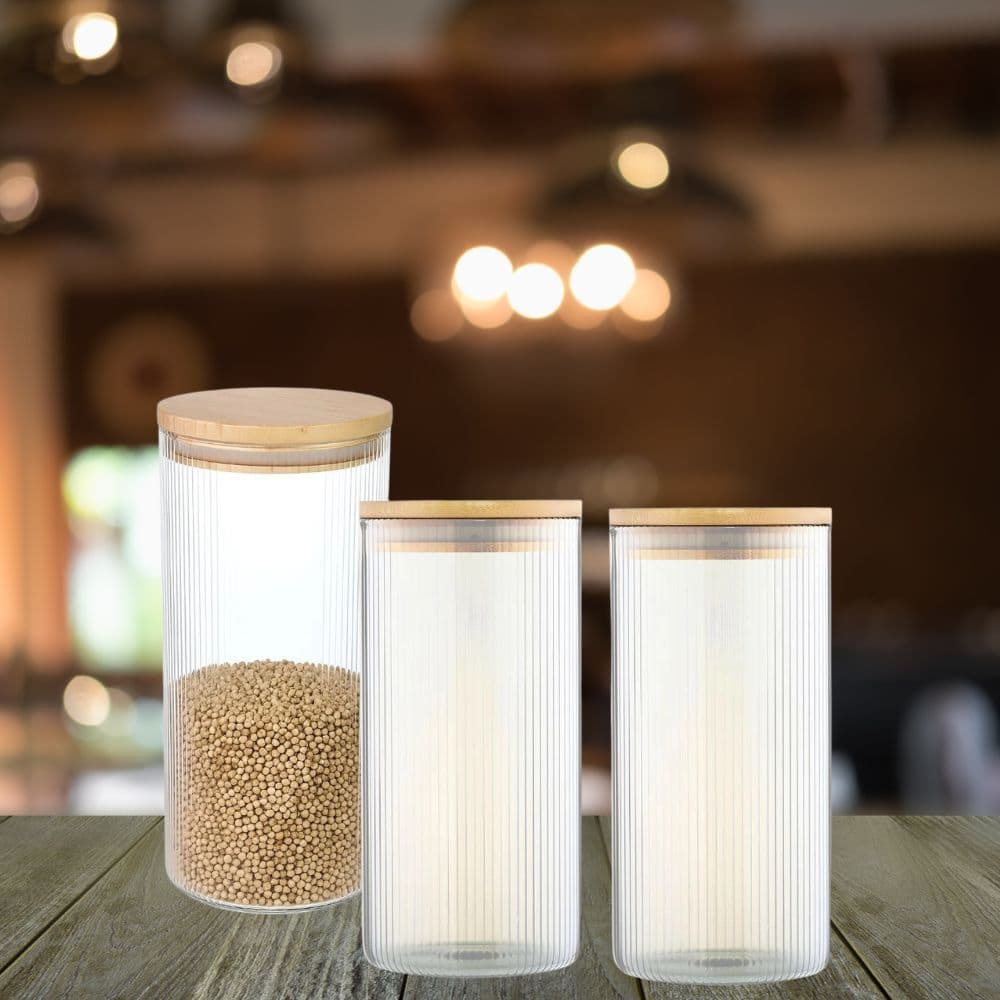 Pote de Vidro Hermético Mantimento Alimentos Cozinha Vidro Canelado Com Tampa Bambu 1,4l