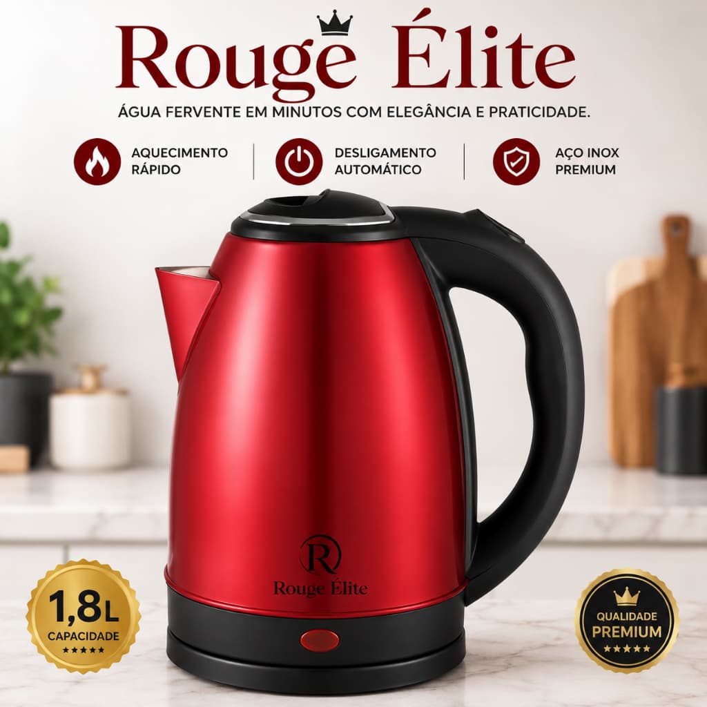 Chaleira Elétrica Inox 220V 1,8L Fervura Rápida Desligamento Automático Base 360° Vermelha