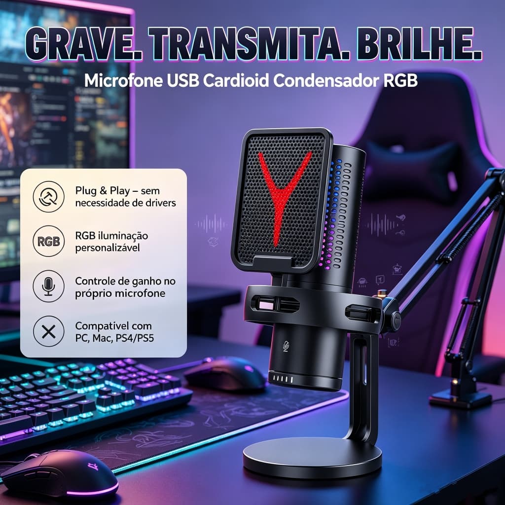 Microfone RGB USB Cardioid – Condensador, Para PC Gamer e Gravação, GM7