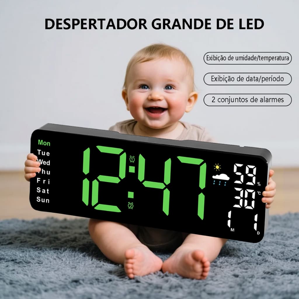 Relógio Despertador Digital De Mesa com Termômetro Umidade Exibição De LED Grande Parede Preto