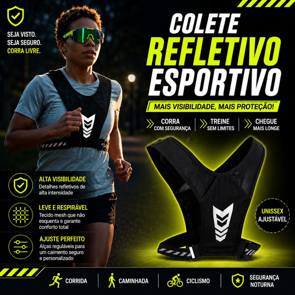 Colete de Corrida Caminhada Refletivo Esportivo Segurança Noturna Fitness Unissex Ajustável
